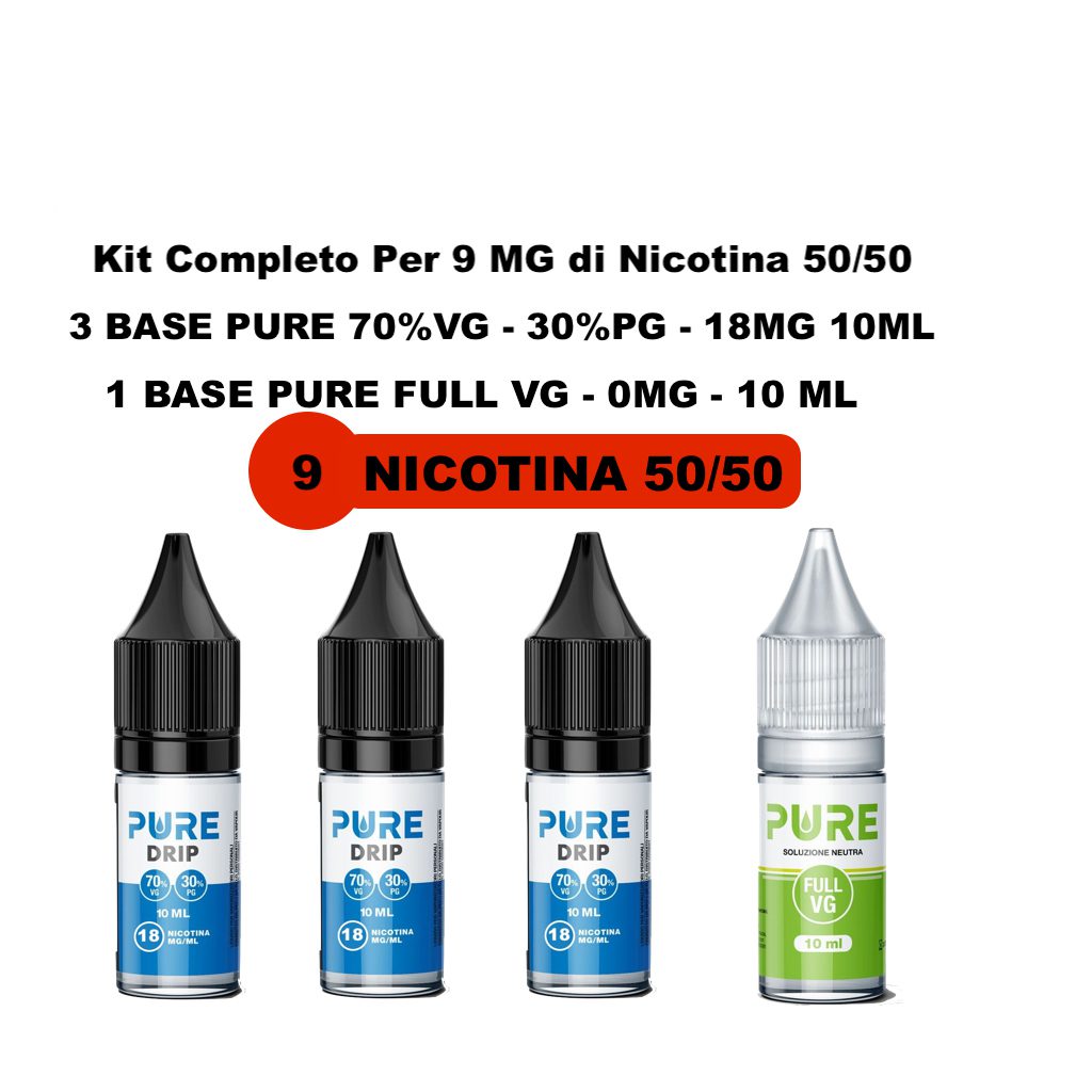 9 5050 9 mg 50/50 - Kit Completo Per 9 MG di Nicotina 50/50 - 3 BASE 70/30 18MG 10 ML - 1 BASE FULL VG 10 ML 0MG - immagine 1
